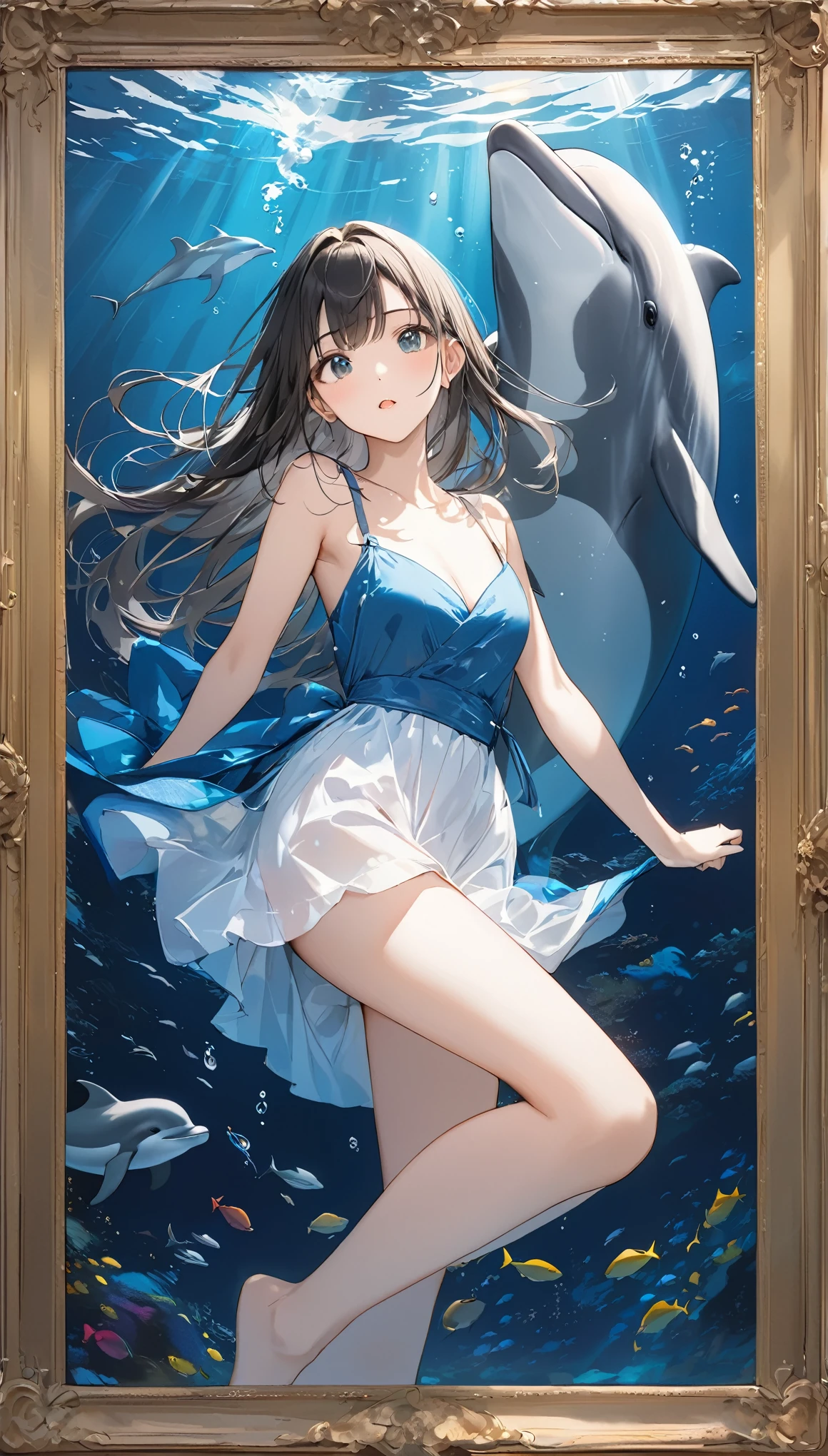 (masterpiece:1.2),Amazingly absurd,number々Awards for,Works by famous artists,Dolphin and girl、A dolphin appears from the girl&#39;s right、3dart,Digital Art,In the water,Works with a sense of transparency