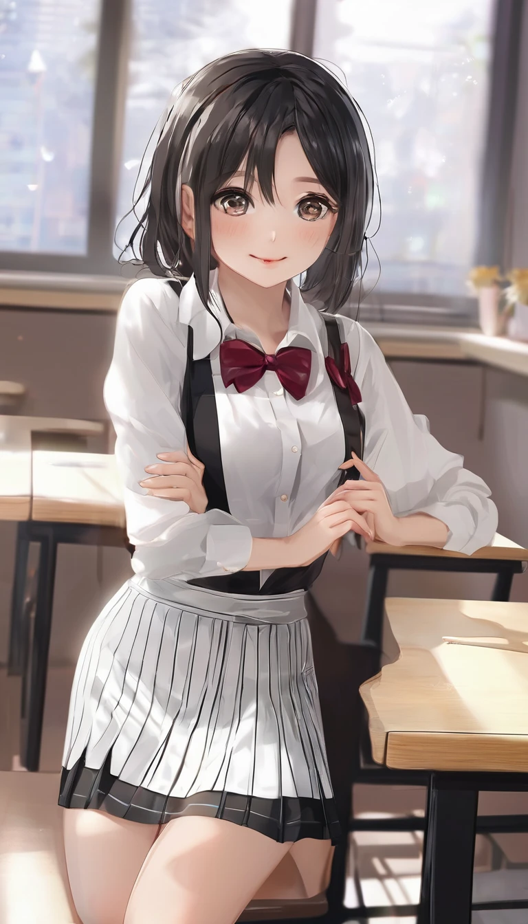 (Best quality, 8k, 32k, Masterpiece, UHD,:1.2),RAW, human, 1girl,ultra cute , ultra cute, natural lighting, transparent shining eyes, 20yo, medium breast ,femur, fair complexion , flushed face, Long sleeve black cardigan, white collared shirt, black pleated mini skirt, dark red bow tie, shiny,((classroom)), near the window, sitting on floor, bending knees, holding knees,hugging own knees, from front, show off panties, ((White Background))