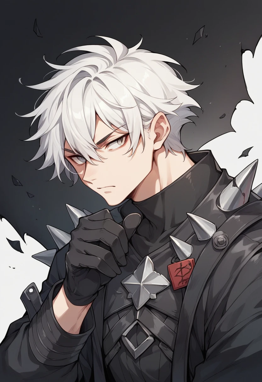 Japanese cartoons, Best quality, White, Short and thin, White hair with black stripes, Black Corner, Dark black clothes with iron spikes and black gloves,Black Dragon Wing 