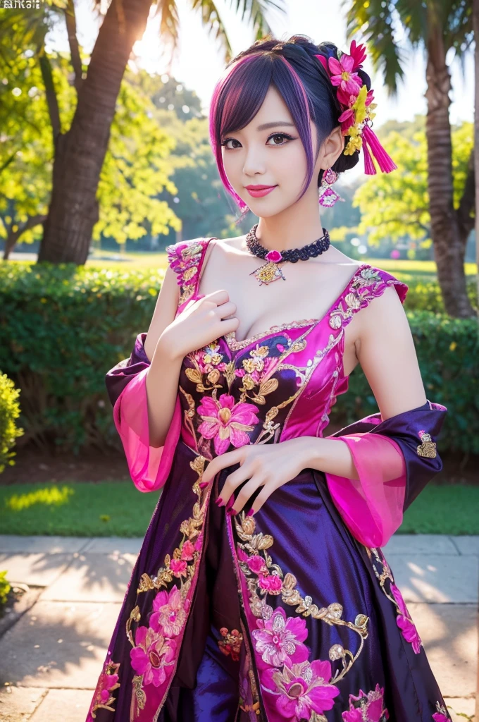 (masterpiece:1.4), (best quality:1.4), ultra high res, ultra high resolution, ((detailed facial features)), HDR, (realistic, photorealistic, photo-realistic:1.37), full body Esbian, sexy Vietnamese model, (-anime), only 1 model, vivid colors, ((vivid colors multicolor (fuchsia, pink, light purple) very short hair)), (big smile), lip-gloss, long lashes, defined eyebrows, wearing large sparkling colorful jewelery, wearing a red silk Paradise Kiss cosplay dress with black floral embroidery, ((vivid colors outfit)), vivid colors, look at the camera, cinematic light, large park background with trees, sweet and sexy pose