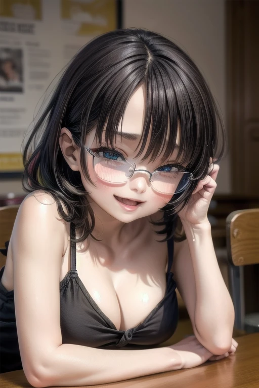 (Tabletop:1.0), (highest quality:1.4), (High resolution:1.2), From the side,Sharp contours, boyish, highest quality, masterpiece,Glasses,Voice of the Heart,20-year-old woman,yandere,Big Breasts,Chest to chest,Lying face down,Upper Body,Ecstasy,saliva,blush,Squint your eyes,Heterochromia iridis,Tuck up your clothes,lure,