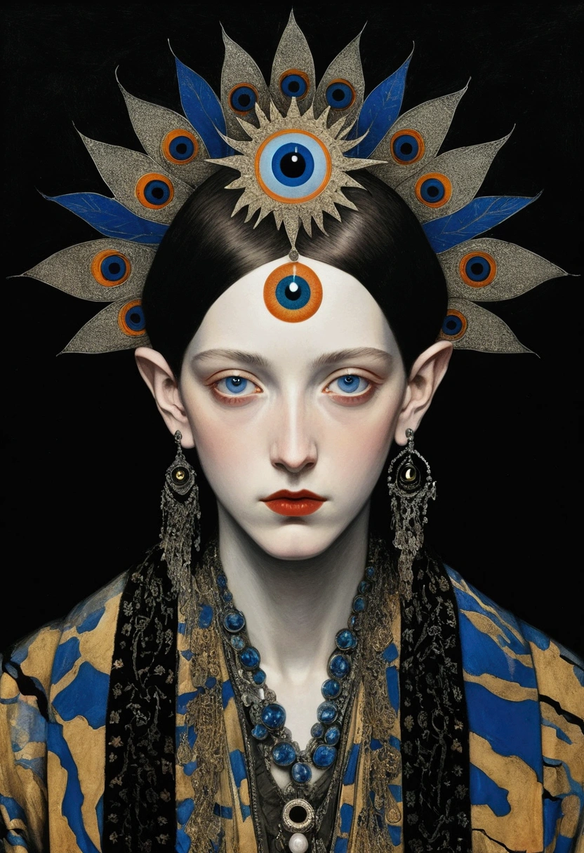 The art of math,Digital Illustration,Drawing,Decorative paintings,(((Harry Clark (Harry Clarke) style,圣地亚哥·卡鲁索style))),Simple,clean,Fine painting style,(((The third eye on the forehead。short hair,Pointed ears,robe))),Wide Angle,Black and blue,Solid color background