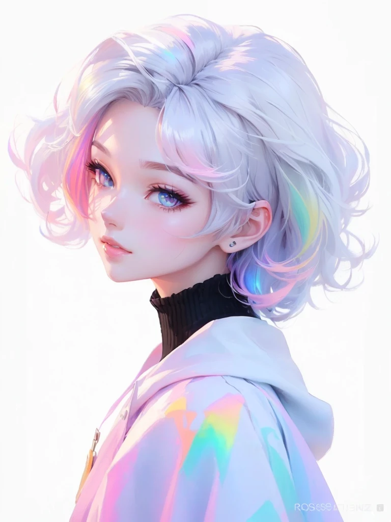 Close-up of a gray-haired person wearing a rainbow colored wig, guweiz style artwork, Anime styled digital art, Anime style. 8K, Digital Anime Illustration, Digital Animation Art, rossdraws bright pastels, Beautiful anime portrait, Anime styled 3d, Anime girl with cosmic long hair, Anime style portrait, illustration iridescent