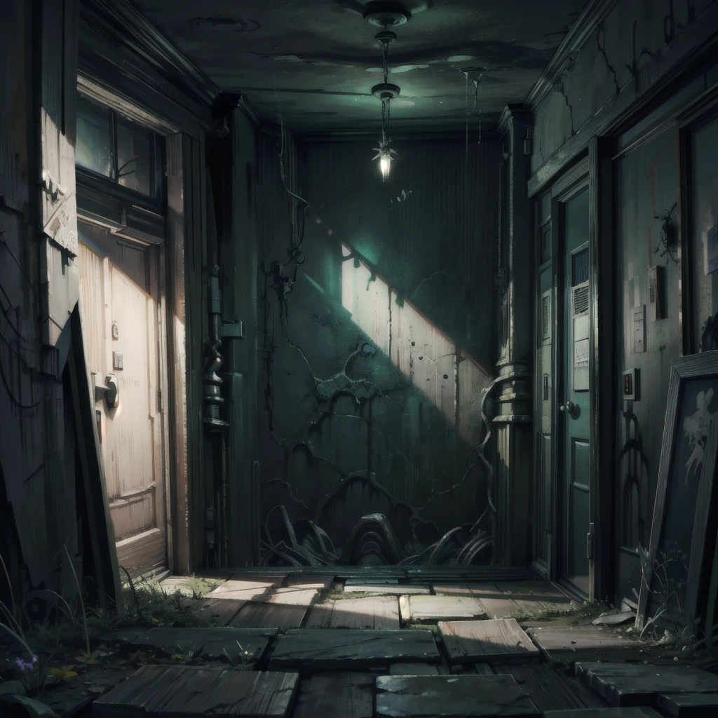 ((best qualityer, work of art, absurdrez, Super-resolution)), Ghost town by vergvoktre, misty, dystopian, turrets, spikes, detailed environmental scenario, distant room, 8k epic landscape wallpaper, m00dygr33n, bright green atmosphere, horor, Twilight Zone, wide-angle shot, top down view, Void, abyss , lobby background for game