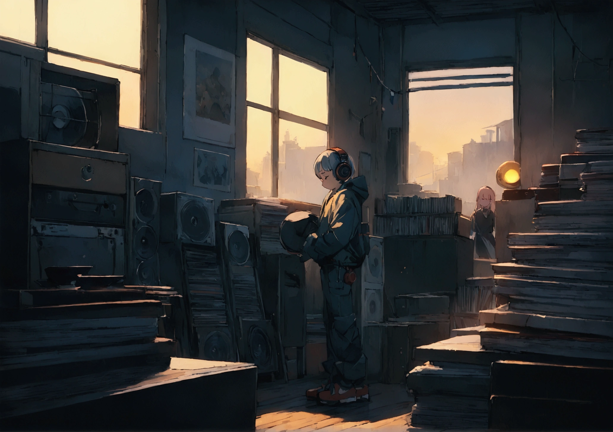 ヘッドフォンをつけて音楽を聴いているrobotット,Android、robot、Mechanic、techno、machine、 Very detailedな, evening, sad mood, Bright light coming through the window, Night view, , 2D, (Shot from a distance), Wide Shot, (Noise from the film), Old cartoons, (Many records: 1.3), Record Store, (masterpiece, Very high quality, Very high quality, Official Art, beautifully、beautiful: 1.2), (Very detailed, (Fractal Art: 1.4 ), (Note: 1.4), (Lo-fi hip hop), Side view, Old Anime Texture, speaker