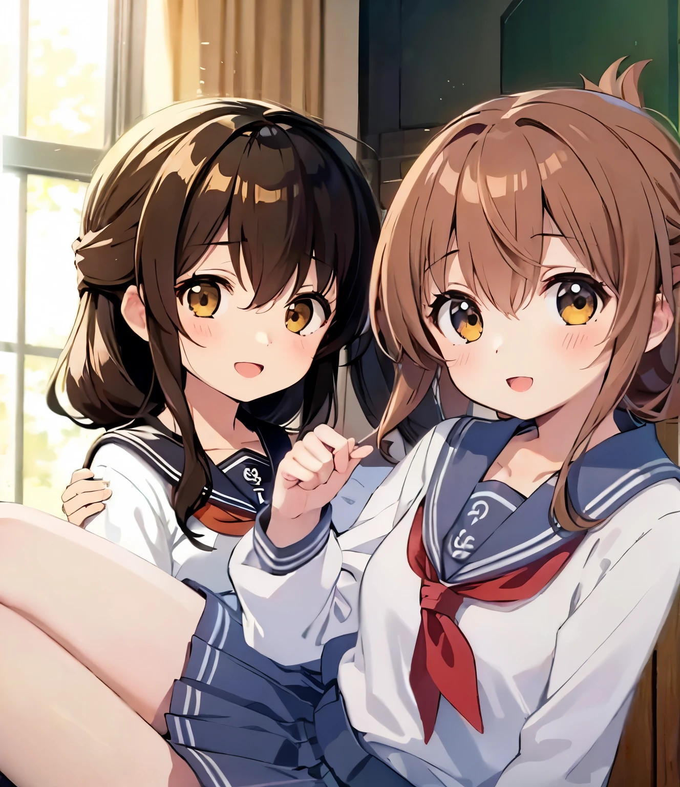 long hair, looking at viewer, blush, smile, open mouth, bangs, multiple girls, skirt, brown hair, shirt, long sleeves, 2girls, hair between eyes, brown eyes, , braid, :d, sidelocks, pleated skirt, shoes, serafuku, socks, indoors, black skirt, sailor collar, neckerchief, kneehighs, window, brown footwear, curtains, black socks, loafers, carrying, red neckerchief, black sailor collar, folded ponytail, wooden floor, princess carry, inazuma \(kancolle\)