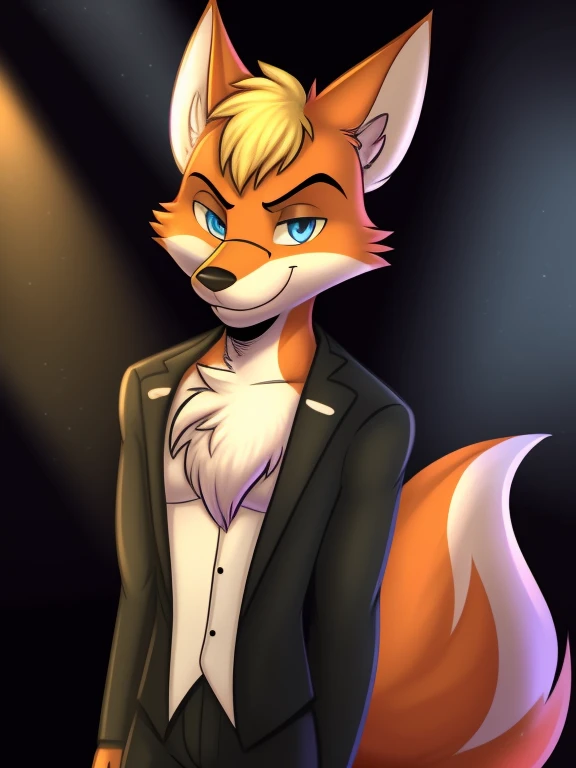 ((masterpiece, best quality)) a cartoon picture of full strong busty body, anthro red fox wearing a white tuxedo suit, blonde hair, red fur, fox nose, male, solo, one character, furry character, furry male. blue eyes, big fox ears, red fur. fluffy fur, beige chest, big tail, handsome face, dark background, blonde hair