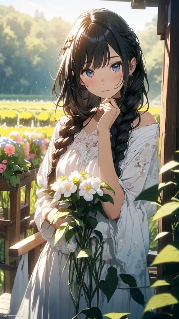 Tabletop, Highest quality,figure, wallpaper, Super detailed, Absurd beauty、1 beautiful girl、 (Semi-long hair、Short braided hair), Very detailed beautiful eyes , Hair blowing in the wind、Keep your head small、Flower Field、great outdoors、一周するFlower Fieldの風景