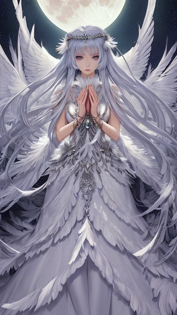 *Beautiful woman *Dress made of feathers *picture *goddess *anime girl *Moon *Hidden face *Hidden hands