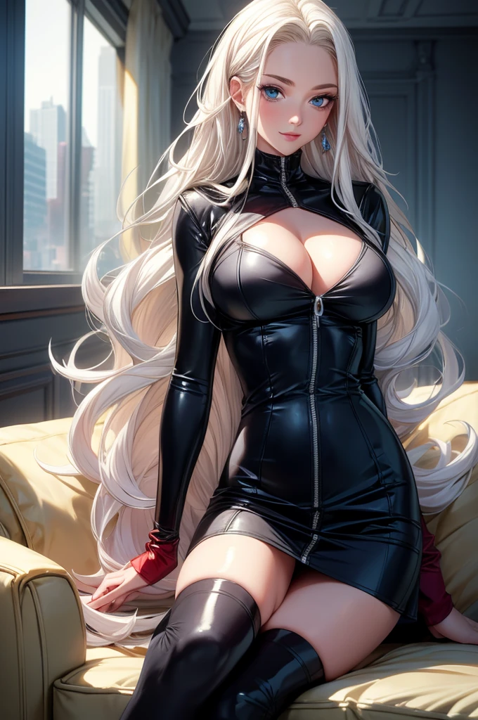 Masterpiece, beautiful art, professional artist, 8k, very detailed face, very detailed hair, very detailed clothes, 1 girl, solo, ((long wavy white hair)), (blue_eyes), beautiful_face, long_eyelashes, natural_eyebrows, red latex suit, sitting_on_couch, looking_at_viewer, diamond_earrings, large breasts, cleavage, open clothes, pale_skin, flirty smile