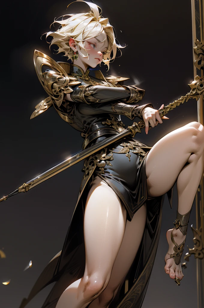 Short Blonde Hair, Sleeveless purple cheongsam with deep slit, Gorgeous gold embroidery on cheongsam, shiny leg guards on bare feet with exposed thighs,, Shiny shoulder armor on the shoulders, Blue left-eyed dragon emblem, Golden right eye, Red jewel on gold pedestal with magic wand tip in hand, Ultra-detailed outline, Highly intricate and detailed fantasy Unreal Engine artwork, Complex detailed complementary colors, ファンタジーのコンセプトアート, 16K resolution, A masterpiece of deviant art, Oil painting with heavy strokes and ultra-sharp focus