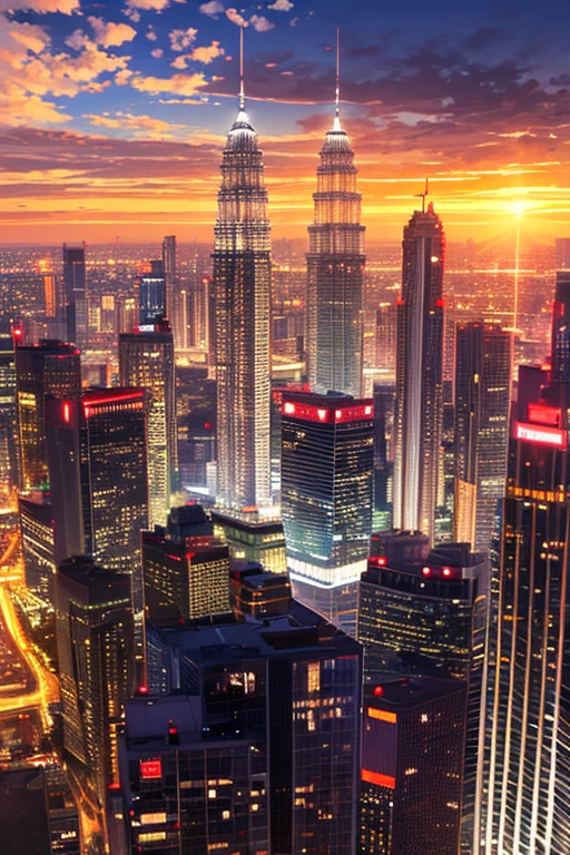 (detailed,night),Petronas Twin Towers,2 towers,sunny,Plane flying towards the tower,high quality,