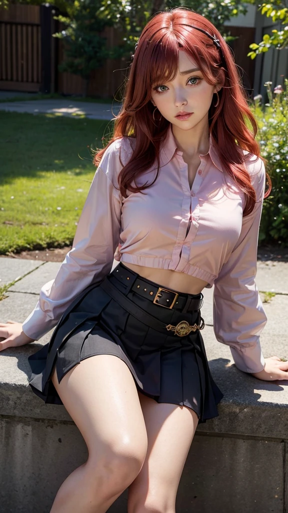 Bryce Dallas, Artwork, Highest quality, High resolution, 1 red-haired girl, jewelry, One leg height, Wavy Hair, Hair on one eye, arrogant , stomach, プリーツチェック柄mini skirt, Asymmetrical pants, Pink blouse, Black thighs, Waist belt, mini skirt , Panties peeking out from under a skirt in the wind , landscape, sit with the teacher&#39;Stable, Portraiture, Sexy body , She is alone in the classroom 
