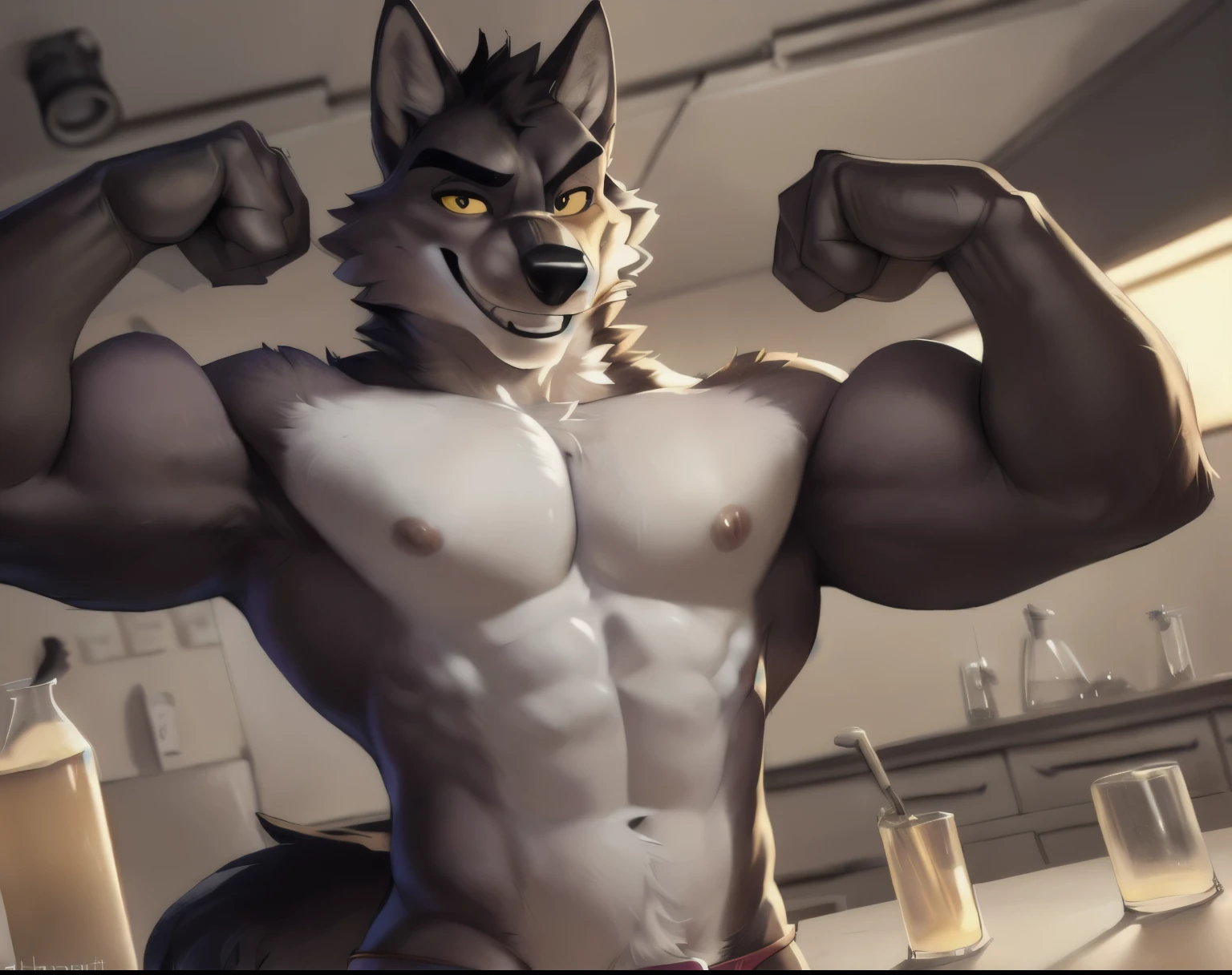 ((( Mr wolf bad guys))), in a interrogation room with a single white fold out table with a spotlight above and that is the only light in the room , (by Homogenousrule, by Wildering, by Foxovh, by Catcouch), 4k,(by totesfleisch8 and white fur,
(( posing in a laboratory for image )),Sharp gaze, hentai , anthro, shortstack, standing, looking at viewer,muscular, background, extremely detailed, 3d render, high quality digital art, huge thighs , detailed eyes, ,henati, good anatomy, good perspective in a laboratory , front towards viewer,face up, by bebebebebe, by sicklyhypnos, by gerkk, by orf, ( by cutesexyrobutts, by darkgem, by zackary911,( by singafurian, by daftpatriot, sassy, cute, detailed face, handsome , seductive face, face, detailed mouth, white fur, hentai style, leo alvarez, bara, (posing:1.3), (soft shading), 4k, hi res, detailed hands, ((detailed face, (detailed eyes:1.0), detailed)), by zackarry911, by zaush, (by personalami:0.5), looking at viewer, image, navel, nipples, full body, one person focus, thick thighs, Hentai, day, sexy, sensual, detailed, uploaded to e621, beautiful and detailed male image of an anthropomorphic wolf ,(highres,:1.2), Smiling happy extremely detailed, photorealistic, 3d render , high quality digital art,Hentai artstyle, a close up of a person, in a interrogation room with a single white fold out table with a spotlight above and that is the only light in the room, Mr wolf bad guys, muscular, lobo, the second, large pectorals, venous muscles, Huge muscles, flexing, wearing speedo, smilin