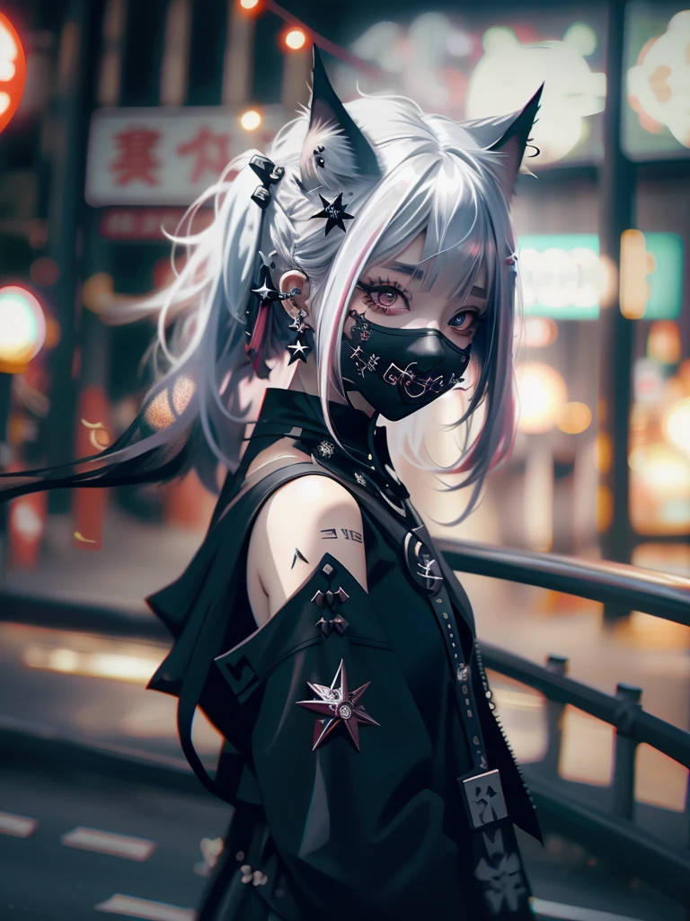 Red-haired、goth_punk, 1girl in, solo, medium shot, Walking in Harajuku, ((during night)), bokeh dof, Neon light, Iridescent eyes, starrysky, Red glowing hair, White eyebrows, Radiant hair, (iridescent white hair), earrings, bangss, jewely, masks, bluntbangs, verd s eyes, Mouth mask, blurry backround, bblurry, hair adornments, Look at viewers, shorth hair, portraitures, side locks