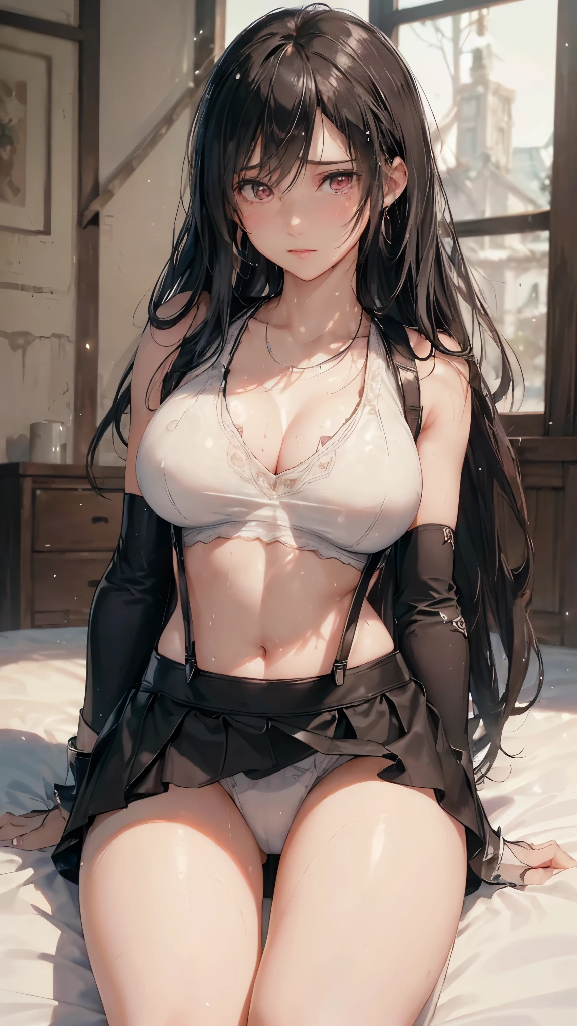 (masterpiece: 1.3), (Maximum resolution: 1.2), (Ultra High Definition TV: 1.2), Cinematic Light, 8k resolution, Detailed facial features , (Sharp focus: 1.2), (Focus on the face:1.2),Perfect Style, Beautiful Face, Acura, Anatomically correct, Two Arms、Tifa Lockhart, Highly detailed face and skin texture, Delicate and beautiful eyes, Glitter Eyeliner: 1 Natural Cheeks, Glowing Skin, Fair skin: 1.2, (Glossy Lips: 1.4),、 (Embarrassed look: 1.2),Highly detailed face and skin texture, The hair is very detailed.、Natural Cheeks, , Glossy Lips: 1.4,Perfect Style、Delicate depiction of hair、The whole body gets wet、Wet underwear、Cleavage、Soft Breasts、(Sperm in the breasts:1.4)(Sperm on thighs:1.4)、 blush、Glaring expression、A humiliating look、Anxious expression、A look of humiliation、Embarrassed look、anger、sorrow、tears、Open your knees、Spread your legs、White bra、Sparkly little earrings and necklace、Disheveled clothes、White panties、sweating、Black Stockings、 (1 girl), Red eyes, Black Hair, Long Hair, Professional Lighting, (Glowing Skin: 1.2), Shiny big, ((Highest quality)), Sharp focus: 1.2, Highly detailed face and skin texture, Detailed eyes, Perfect Face, Perfect body, Blur Art, CG, Big Background , in front (28 years old, 成熟したクールでBeautiful Face), wear (Black skirt with suspenders), Black elbow gloves, White tight shirt, thigh, White tank top),Old ruins、Abandoned house、On the bed、(On my back, ベッドにLying down, ベッドにLying downいる, Lying down, White sheets:)、