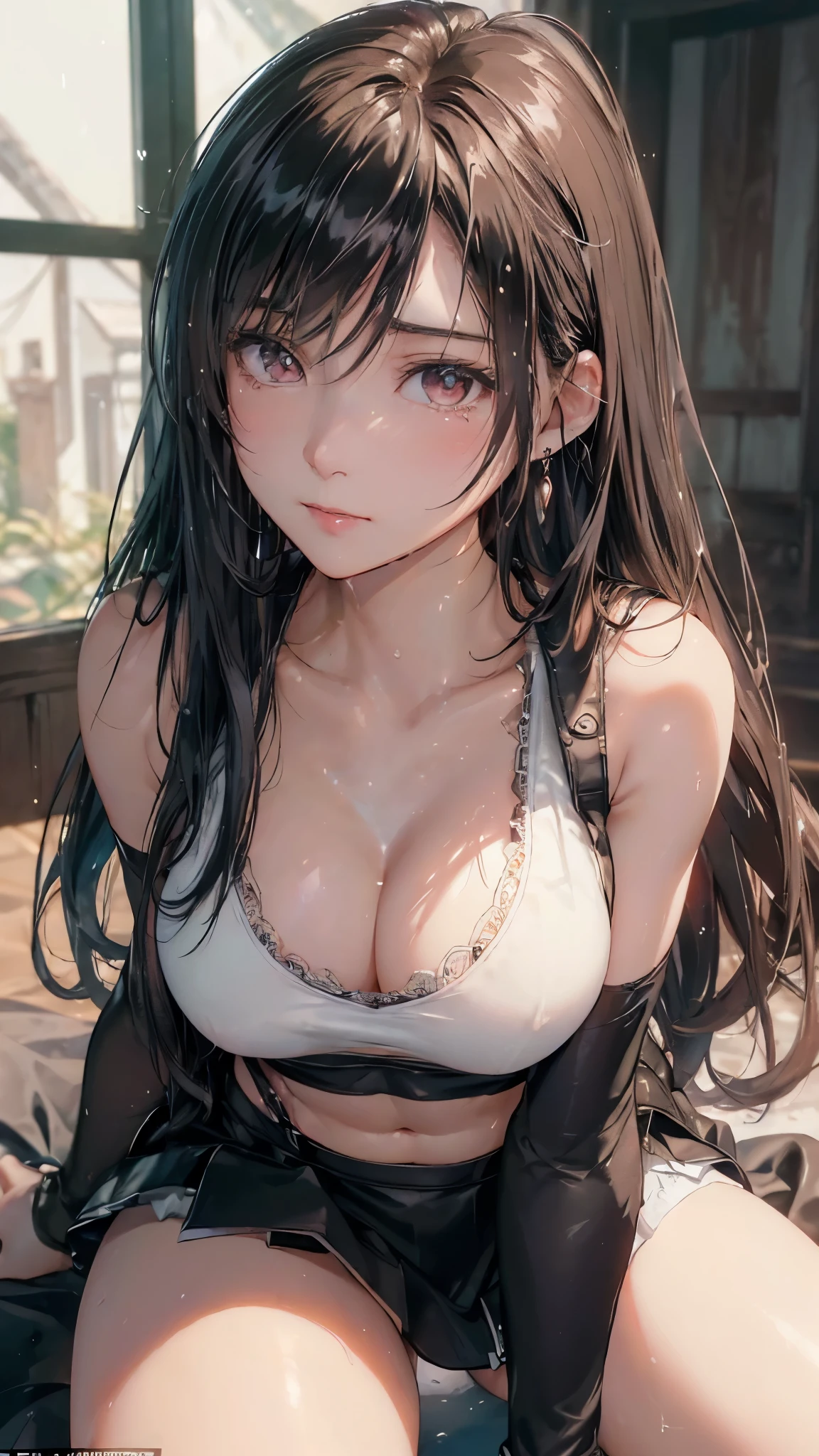 (masterpiece: 1.3), (Maximum resolution: 1.2), (Ultra High Definition TV: 1.2), Cinematic Light, 8k resolution, Detailed facial features , (Sharp focus: 1.2), (Focus on the face:1.2),Perfect Style, Beautiful Face, Acura, Anatomically correct, Two Arms、Tifa Lockhart, Highly detailed face and skin texture, Delicate and beautiful eyes, Glitter Eyeliner: 1 Natural Cheeks, Glowing Skin, Fair skin: 1.2, (Glossy Lips: 1.4),、 (Embarrassed look: 1.2),Highly detailed face and skin texture, The hair is very detailed.、Natural Cheeks, , Glossy Lips: 1.4,Perfect Style、Delicate depiction of hair、The whole body gets wet、Wet underwear、Cleavage、Soft Breasts、(Sperm in the breasts:1.4)(Sperm on thighs:1.4)、 blush、Glaring expression、A humiliating look、Anxious expression、A look of humiliation、Embarrassed look、anger、sorrow、tears、Open your knees、Spread your legs、White bra、Sparkly little earrings and necklace、Disheveled clothes、White panties、sweating、Black Stockings、 (1 girl), Red eyes, Black Hair, Long Hair, Professional Lighting, (Glowing Skin: 1.2), Shiny big, ((Highest quality)), Sharp focus: 1.2, Highly detailed face and skin texture, Detailed eyes, Perfect Face, Perfect body, Blur Art, CG, Big Background , in front (28 years old, 成熟したクールでBeautiful Face), wear (Black skirt with suspenders), Black elbow gloves, White tight shirt, thigh, White tank top),Old ruins、Abandoned house、On the bed、(On my back, ベッドにLying down, ベッドにLying downいる, Lying down, White sheets:)、