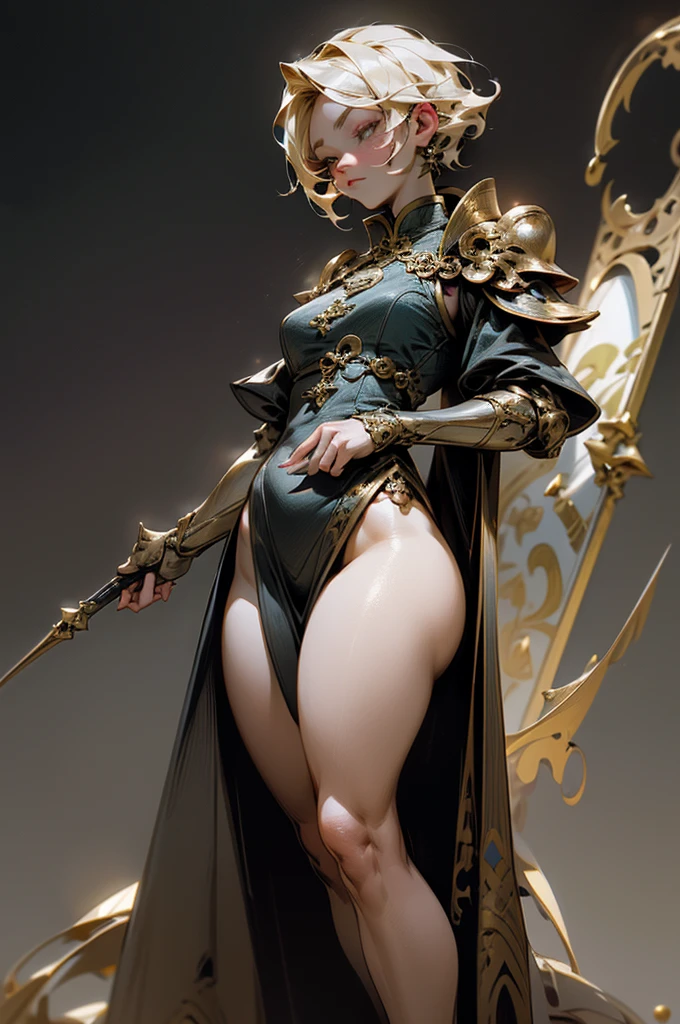 Short Blonde Hair, Sleeveless purple cheongsam with deep slit, Shiny shoulder armor on the shoulders, Gorgeous gold embroidery on cheongsam, Glossy leg guard on bare feet with exposed thighs, Blue Left Eye Dragon Emblem, Golden right eye, Gold tip of magic wand with red jewel in hand on pedestal, Ultra-detailed outline, Highly intricate and detailed fantasy Unreal Engine artwork, Complex詳細な補色, Fantasy Concept Art, 16K resolution, A masterpiece of deviant art, An oil masterpiece with heavy strokes and ultra-sharp focus, Best quality, Highly detailed CG Unity 8k wallpaper, Award-winning photography, Ticker, Extremely detailed, ArtStation Trends, CGsocietyTrend, Complex, Dramatic,  Senile, Depth of written boundary, bloom, chromatic aberration, It&#39;s photorealistic, High detail, High quality