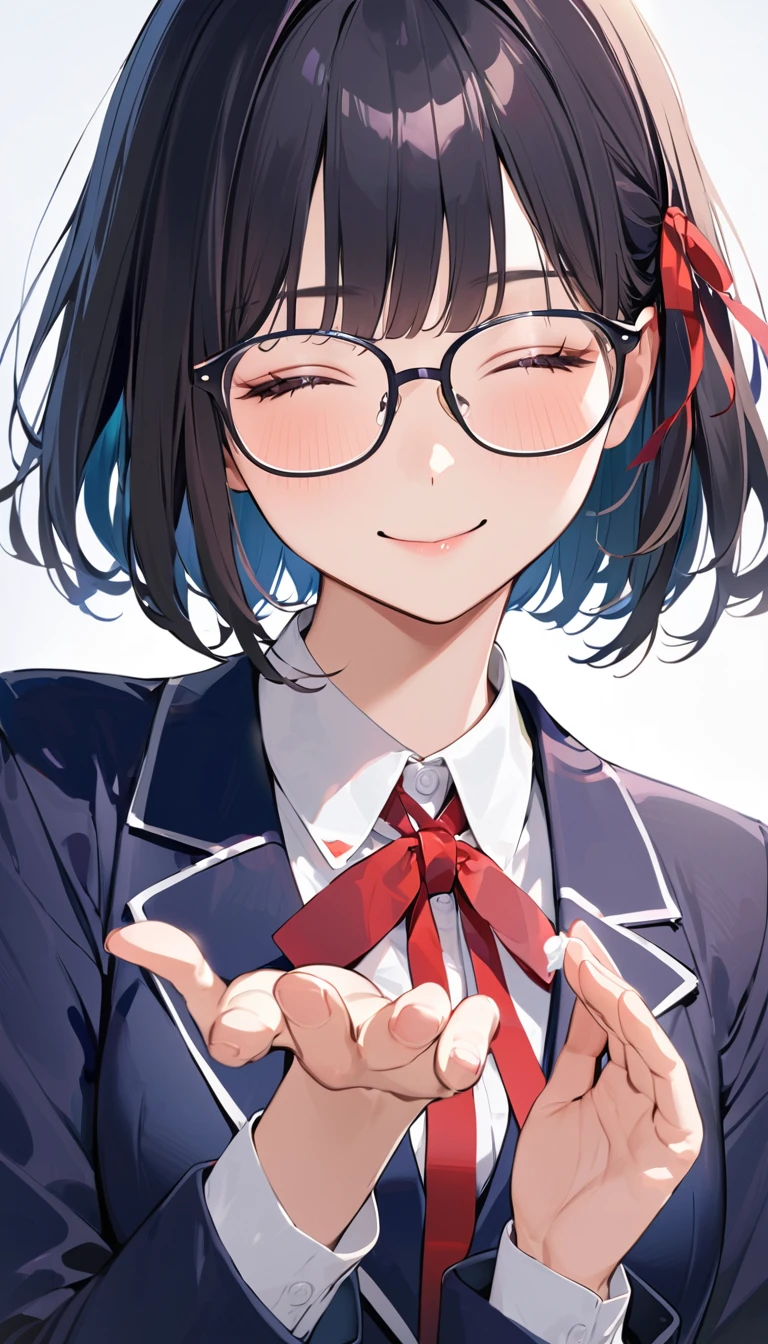 A high school girl with black short bob hair, Glasses,Red ribbon,wearing a navy blazer ,White shirt,(Wipe away the overflowing tears with one hand),smile,
