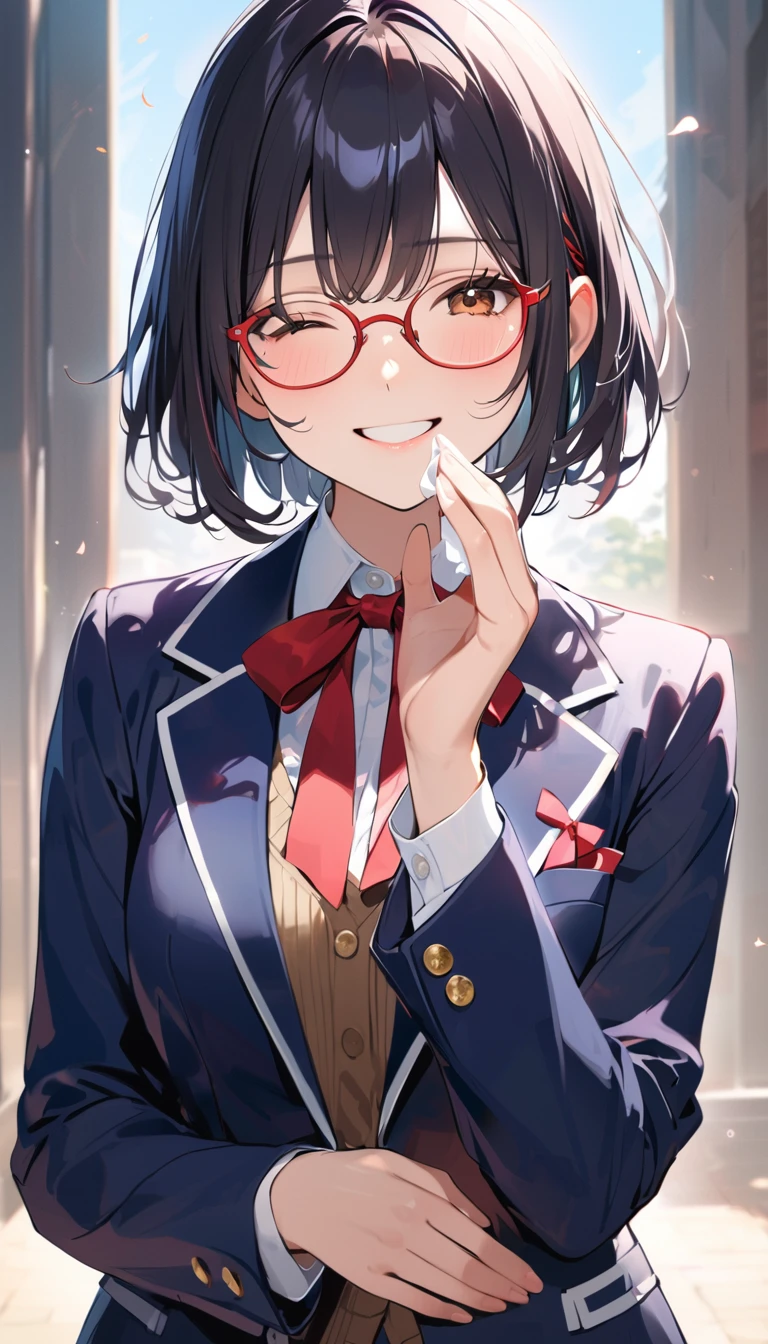 A high school girl with black short bob hair, Glasses,Red ribbon,wearing a navy blazer ,White shirt,(Wipe away the overflowing tears with one hand),smile,