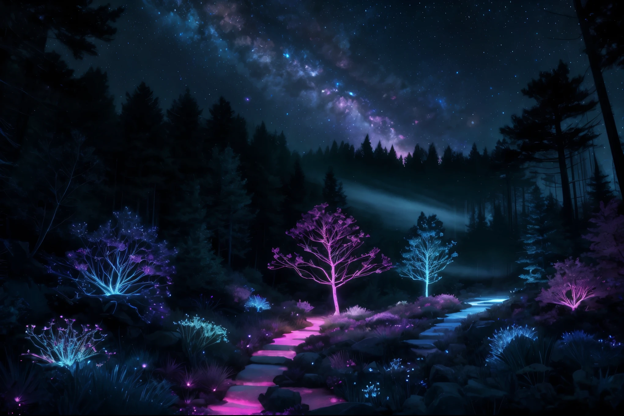 Colorful bioluminescence plants in forest, crystals and glowing path, fireflies, Pandora planet at night, blue and pink glow, epic landscape in background, hazy planet in the sky, galaxy and stars in the sky, rim light, volumetric light, colorful, contrast, breathtaking, scattered mist, night, ultra high definition computer render, unreal engine, ISO 0,