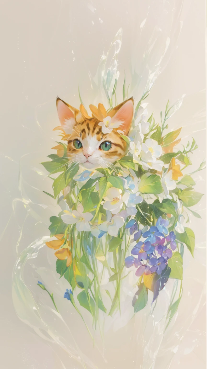 (masterpiece),((Highest quality)), (Cat wearing flowers,1:1.5), (Fusion of plants and cats 1:1.2), A cat sitting on the ground covered in flowers,Petals with striking golden edges,Three-dimensional stained glass flowers々,Cute cat portrait, Mixing alcohol inks and impasto,Fantastic and delicate plants, The background is a myriad of golden lights,Transparent colors, Colorful dream world,Very exquisite art, 複雑で色彩豊かなmasterpiece,Very beautiful art