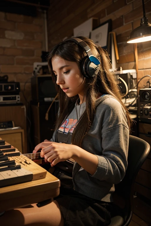 Create an image of a girl wearing headphones playing a musical instrument in a chill setting, YouTube channel avatar