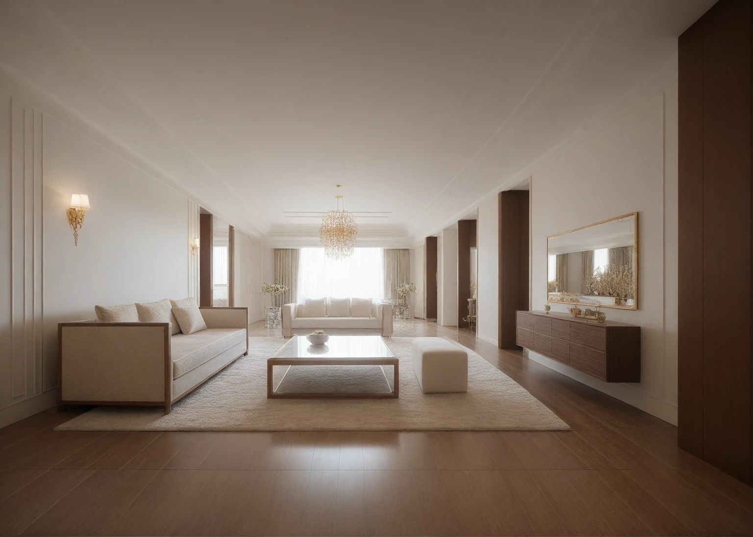 ,Masterpiece, Best quality,8K, Ultra-high resolution,When you step into the (living: 1.1) ,Immediately surrounded by a rich atmosphere of luxury. The space was covered with a soft white fluffy blanket,It is so comfortable,So much so that you can't help but indulge in it。Embellished with precious porcelain and white-off gold ornaments。Whenever it is late afternoon,The afterglow from the window spilled on the floor,Soft light and shadow are reflected,It was as if entering a dreamland. ((Wooden chair and table : 1.3)), ((COLUMN MIRROR : 1.3))
