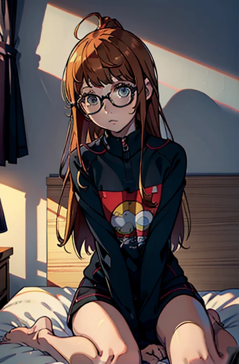 hyper qualit, hyper detailled, perfect drawing, solo, futaba, futaba sakura, persona 5, blush, legs spread open (30cm), Embarrassed expression, moist eyes, thin fabric pajamas, in the bedroom, light from the front, forward light, lighting sun, clearface, Masterpiece artwork, hyper qualit, hyper detailled, CG, 3d, 8k,