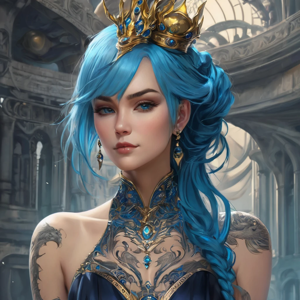 Blue,skyblue, beautiful female, long hair,blue hair,.BREAK.  a 
Head to waist, tattoo,dragon tattoo, crown,
(Dragon in the background)
 Drangon background.  Dragon Tattooed, 
A beautiful lady wearing formal gown in blue and gold color with a tattoo name "Riiid" in her chest.she wearing a black crown and in the background there's adragon elwith futuristic elements