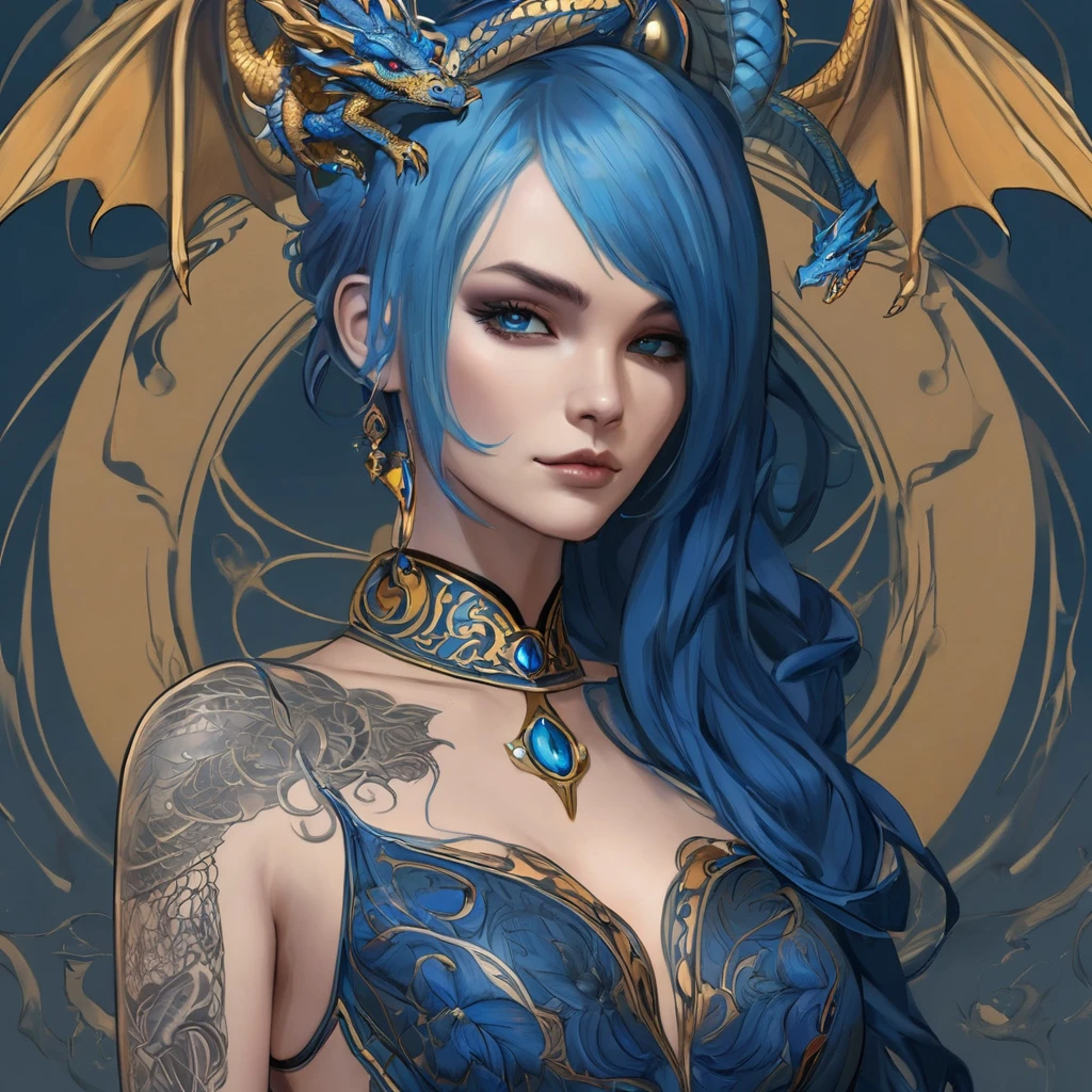 Blue,skyblue, beautiful female, long hair,blue hair,.BREAK. a
Head to waist, tattoo,dragon tattoo, crown,
(Dragon in the background)
Drangon background. Dragon Tattooed,
A beautiful lady wearing formal gown in blue and gold color with a tattoo name "Riiid" in her chest.she wearing a black crown and in the background there's adragon elwith futuristic elements