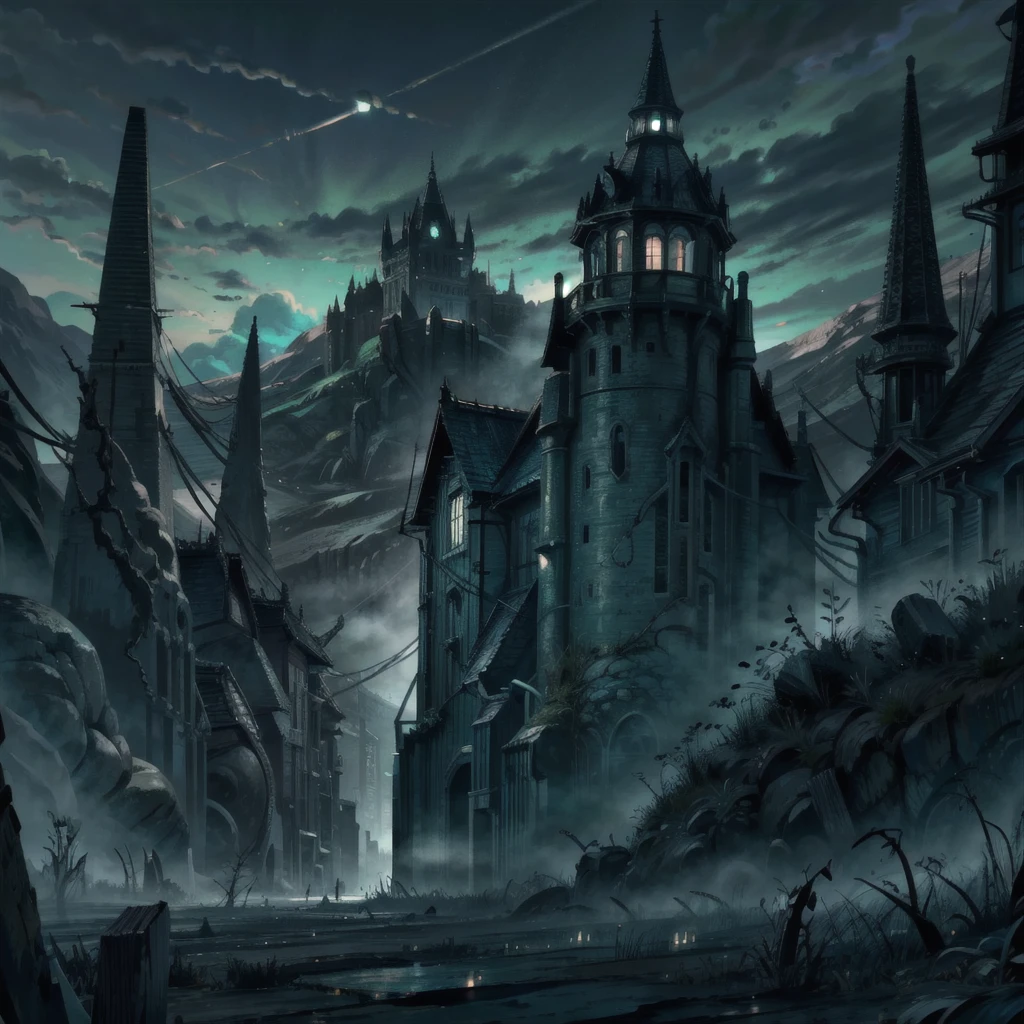 ((best qualityer, work of art, absurdrez, Super-resolution)), Ghost town seen from afar by vergvoktre, misty, dystopian, turrets, spikes, detailed environmental scenario, with nothing nearby everything far away, 8k epic landscape wallpaper, m00dygr33n, bright green atmosphere, horor, Twilight Zone, wide-angle shot, distant vision, Void, abyss 