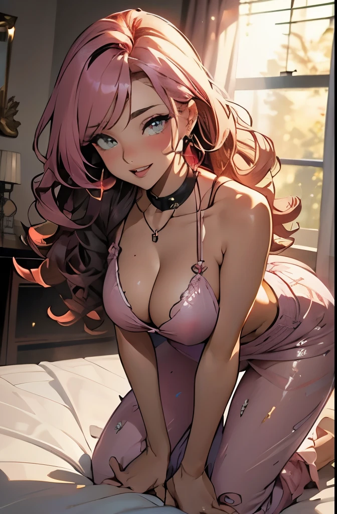 full body, extreme curls hair, luxurious hair, lustful eyes, open mouth smile, aroused 25 years old, playfully aroused, dripping with desire, busty cleavage, pink pajamas, slim waist, posing by the bed, coy smile with open parted lips, (blushing:1.3), looking lovingly at the viewer, seductive eyes, facing the viewer, bedroom background, champagne, in love (pov), LOVING GESTURE, glowing eyes, chocker, earrings, nsfw,