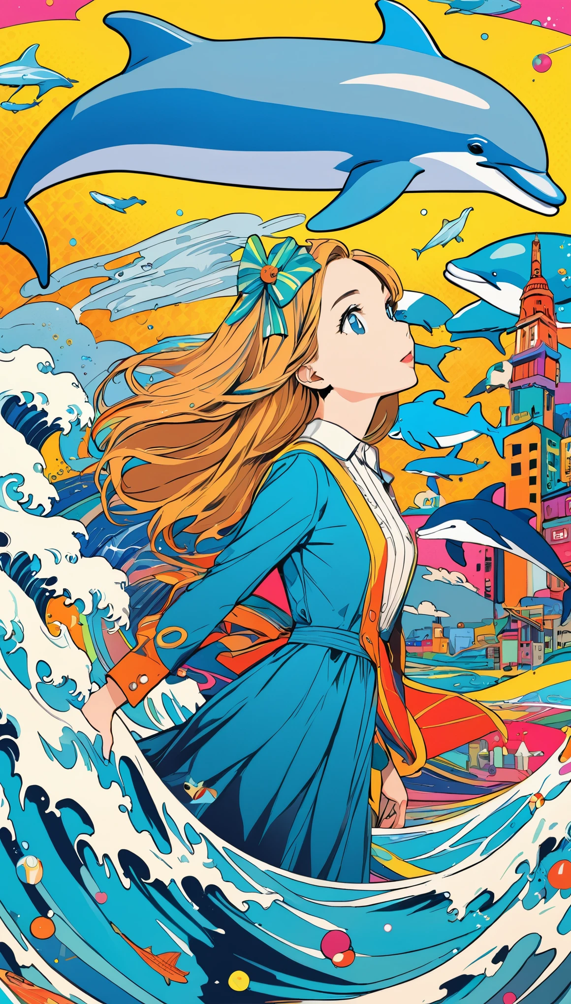 Pop Art,(masterpiece:1.2),Amazingly absurd,number々Awards for,Works by famous artists,Dolphin and girl、A dolphin appears from the girl's right、3dart,Digital Art,In the water,Works with a sense of transparency