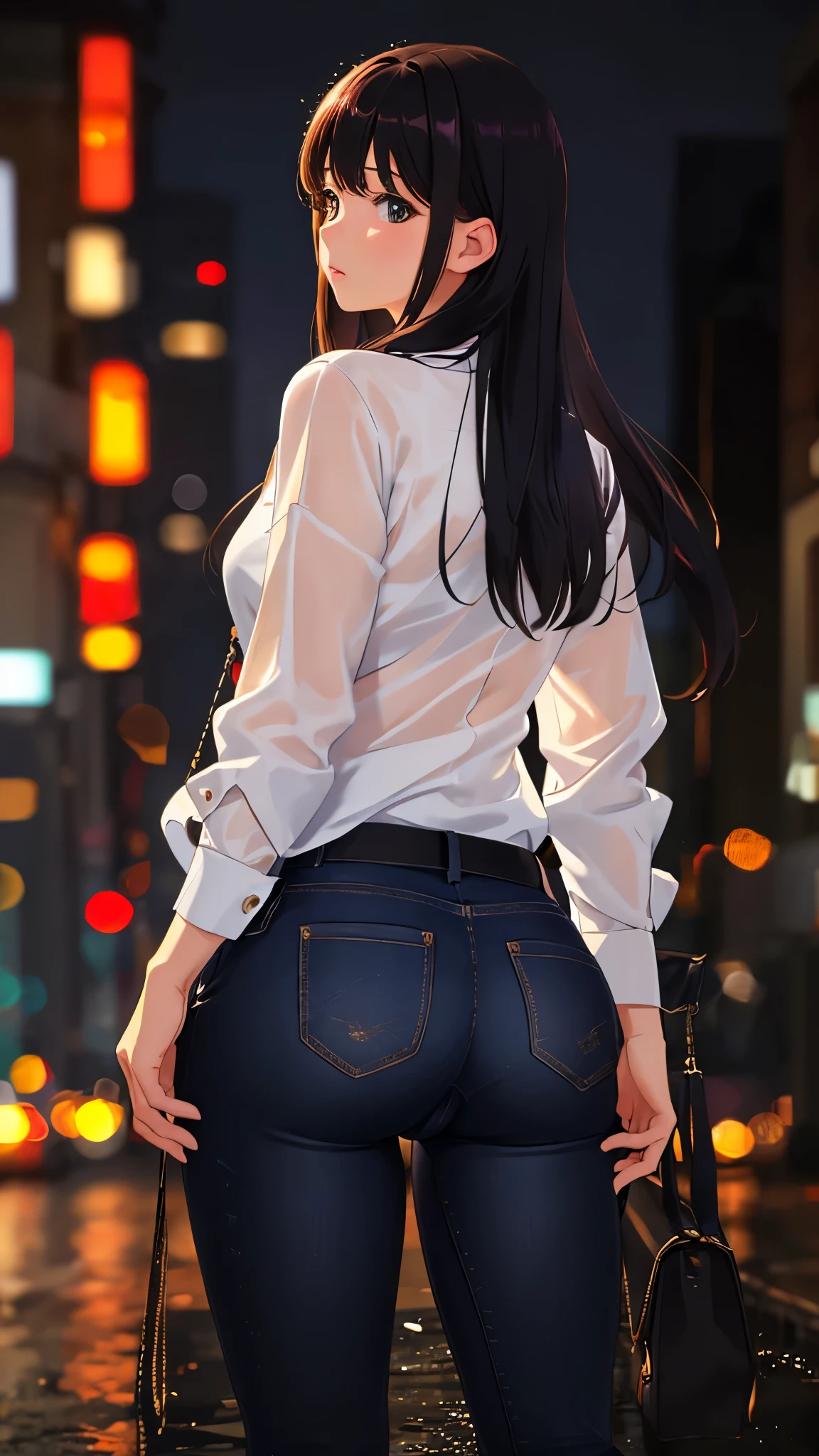 1girl, from behind, pants pull, pussy, ass, bangs, bokeh, looking away, shirt, blouse, shiny skin, masterpiece, best quality, ultra quality, high quality, realistic, photo realistic, RAW photo, hyper detailed, intricate detailed, night, outdoor, rain,