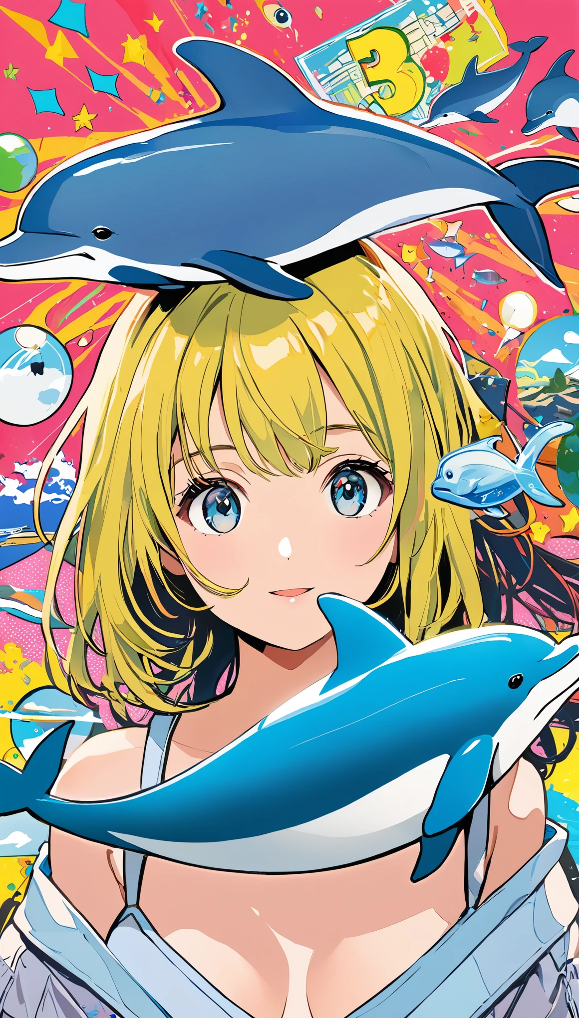 Pop Art,(masterpiece:1.2),Amazingly absurd,number々Awards for,Works by famous artists,Dolphin and girl、A dolphin appears from the girl's right、3dart,Digital Art,In the water,Works with a sense of transparency