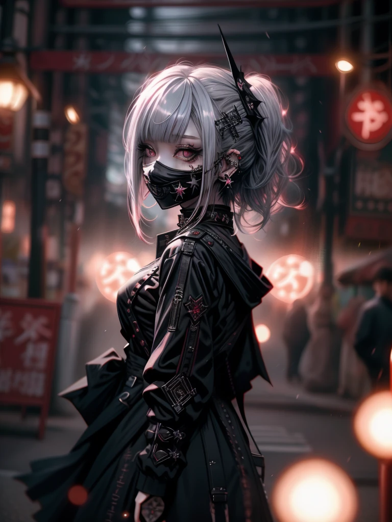Red-haired、goth_punk, 1girl in, solo, medium shot, Walking in Harajuku, ((during night)), bokeh dof, Neon light, Iridescent eyes, starrysky, Red glowing hair, White eyebrows, Radiant hair, (iridescent white hair), earrings, bangss, jewely, masks, bluntbangs, verd s eyes, Mouth mask, blurry backround, bblurry, hair adornments, Look at viewers, shorth hair, portraitures, side locks