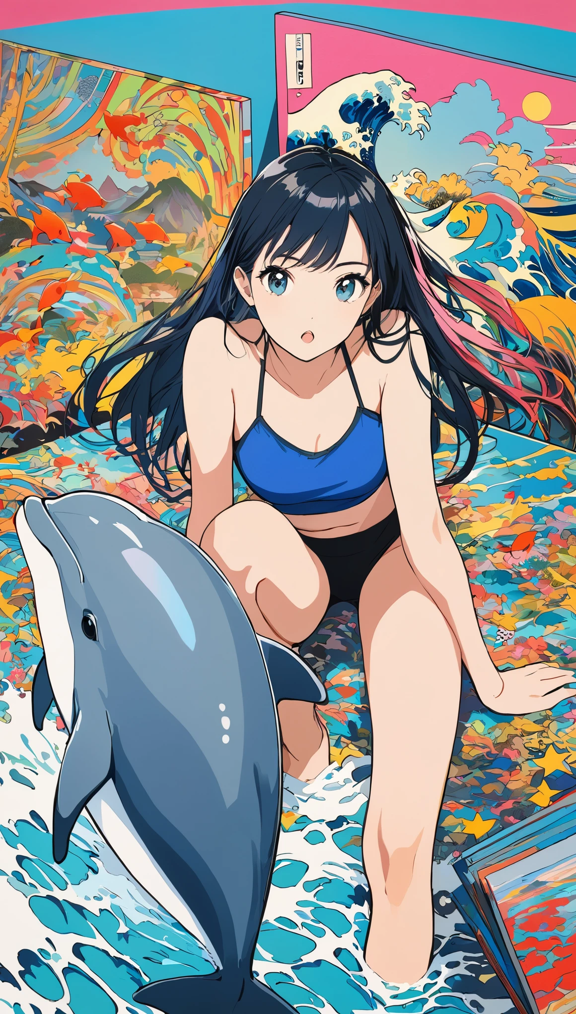 Pop Art,(masterpiece:1.2),Amazingly absurd,number々Awards for,Works by famous artists,Dolphin and girl、A dolphin appears from the girl's right、3dart,Digital Art,In the water,Works with a sense of transparency