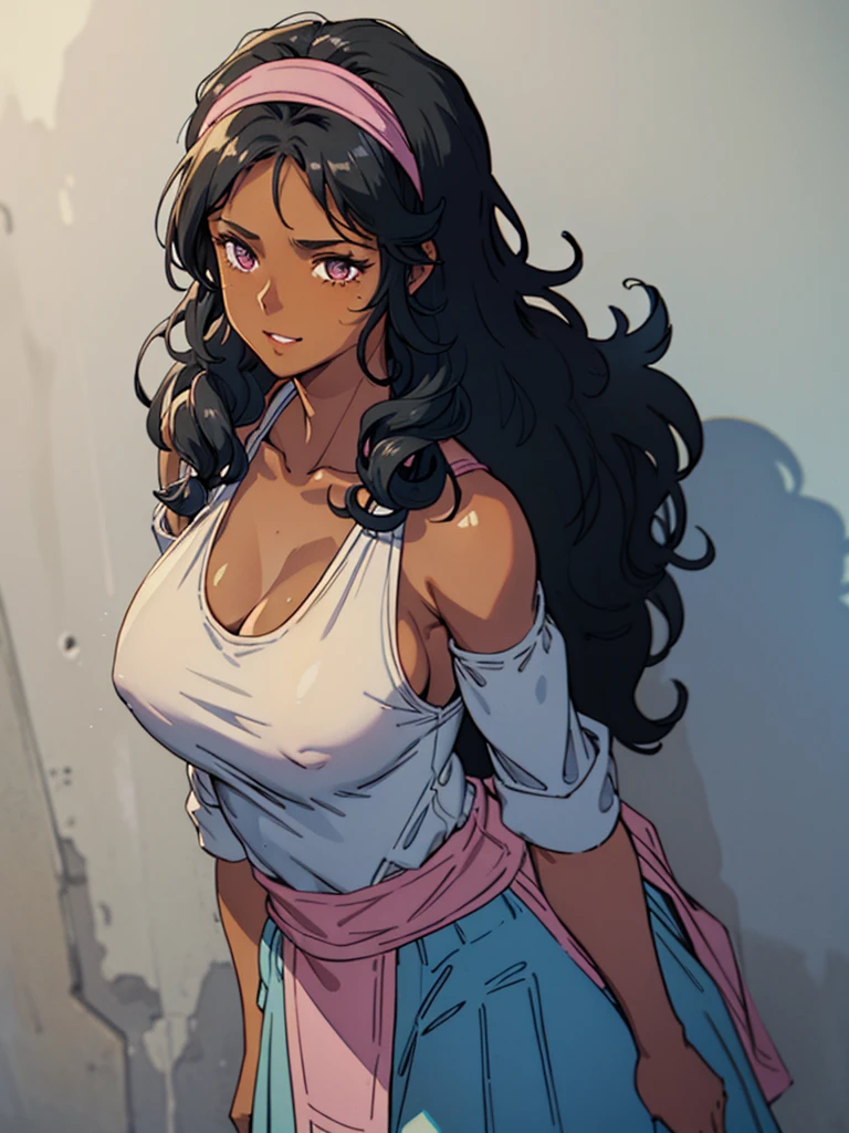 best quality,1girl,solo,(dark skin:1.2),black hair,curly hair,(shaggy cut),(pink headband),pale blue outfit,((farmer)),fantasy outfit,stocky jaw,revealing neckline,collarbone,smile,hyper huge breasts, wide hips, huge ass, huge round ass, thick thighs, tall girl, burly girl, brawny, fat girl,thick lips,standing against the wall,(simple background),gray background,