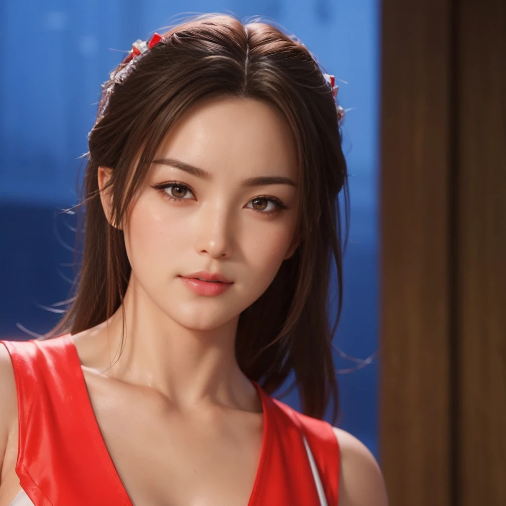 Mai Shiranui, (best quality,ultra-detailed),(Realistic:1.37), beautiful and detailed face, Ultra-realistic texture, delicate face, athletic body, vivid colors. high definition, 8K