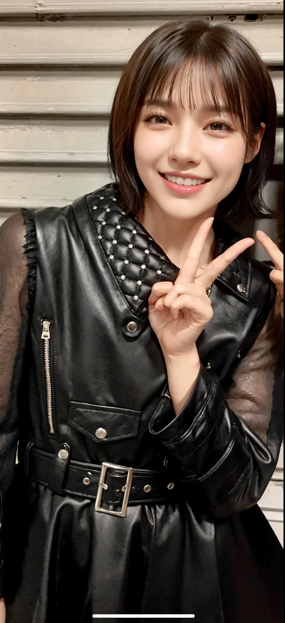 One girl, Black Hair, Textured skin, high quality, Black Hair, Medium Hair, Bob cut short hair、chest, 大きなchest, smile, Close your mouth, smile, leather jacket、Leather skirt、boots
