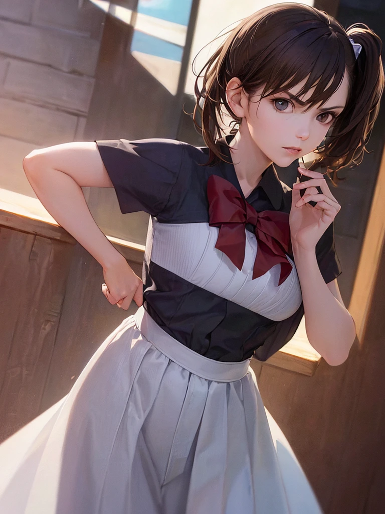 (Highest quality、8k、32K、masterpiece)、(Realistic)、(Realistic:1.2)、(High resolution)、Very detailed、Very beautiful face and eyes、(((Women's Solo Shot)))、Tight waist、(Highest quality、Attention to detail、Rich skin detail)、(Highest quality、8k、Oil paints:1.2)、(Realistic、Realistic:1.37)、Bright colors、(((Cowboy Shot)))、(((Bob Hair)))、(((Medium Hair)))、(((Side Ponytail)))、(((I'm a little angry)))、(((Brown Hair)))、(((Wearing a high school girl's sailor uniform)))、(((Black mini skirt、Pleated skirt)))、(((Schoolyard at dusk)))、(((Arms crossed、Standing with your legs apart、)))、(((Orange sky)))、