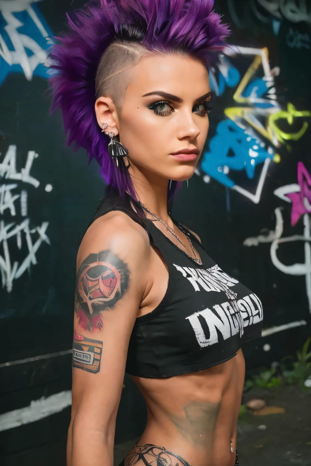 Photorealistic, ultra-detailed, ((side viewer )), ((Rocker punk girl, spiky mohawk hair)) girl, hot Body Brazilian Girl, ABS, tattoo, t-shirt nipples, t-shirt Written "666".portrait photo, grunge, Solo, dimly lit room, edgy urban scene with graffiti, dark and moody, late evening, city lights flashing, neon lighting The essence of rock and roll, Spike hair, 18 years old, assertive, confident expression, showcasing multiple piercings, blurry background, analogue style, grunge texture, Best contrast, industrial, Instagram LUT, Professional, 4k, electrifying gaze, shot on Nikon, 50mm, shallow depth of field, ((Abandoned Graffiti Wall Background, cinematic lighting )).