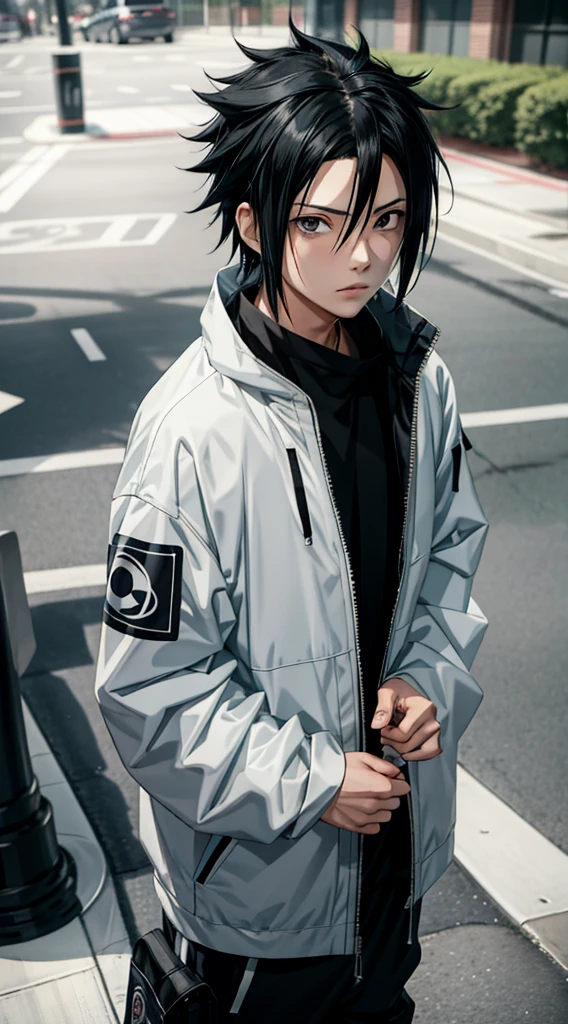 masterpiece, One boy, Great style, Urban Streetwear Outfit, Outdoor, Upper Body, sasuke uchiha, Grey Eyes, Black Hair, かっこいい男の子Black Hair, Hair that hides one eye,