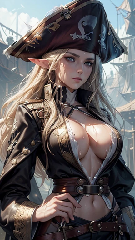 masterpiece, Highest quality, Highly detailed CG Unity 8K wallpapers,((whole body)), (Long pointy ears), Elegant long wavy platinum blonde hair, ((A toned and slender body, Well-shaped large breasts)), ((Long sleeve pirate coat)), ((Torn pirate hat with feather, Full Harness)), (Sweaty, wet white skin), (blush), , (Captivating smile), so beautiful, Symmetrical face, (Very detailed beautiful eyes), Key Art, Awards, intricate detail realism hdr, Photorealism, Hyperrealism, Ultra-realistic, Dramatic Light, Strong Shadows, Nice views, Written boundary depth