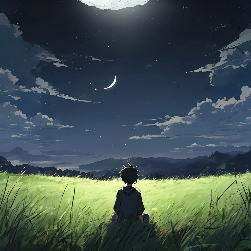 Black sky,grass field,The grass is high,Anime scene of boy sitting,Can only see the back,facing away,Back Shadow,Perspective up,Top view,Bright moon,There are stars