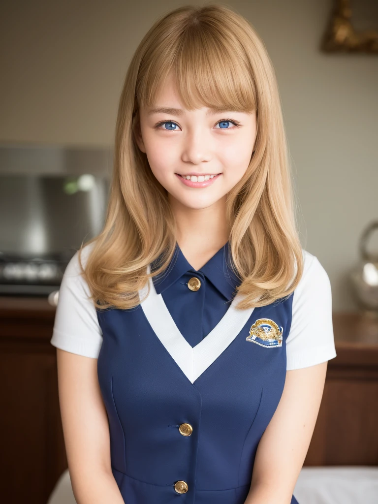 uniform, sailor suit, high school student, big breasts, beautiful 14 year old beautiful girl, very beautiful face, smile, white shiny skin, beautiful skin, bangs between eyes, bright beautiful natural blonde with shining luster, super long silky hair, beautiful beautiful eyes with beautiful and cute thin sky blue