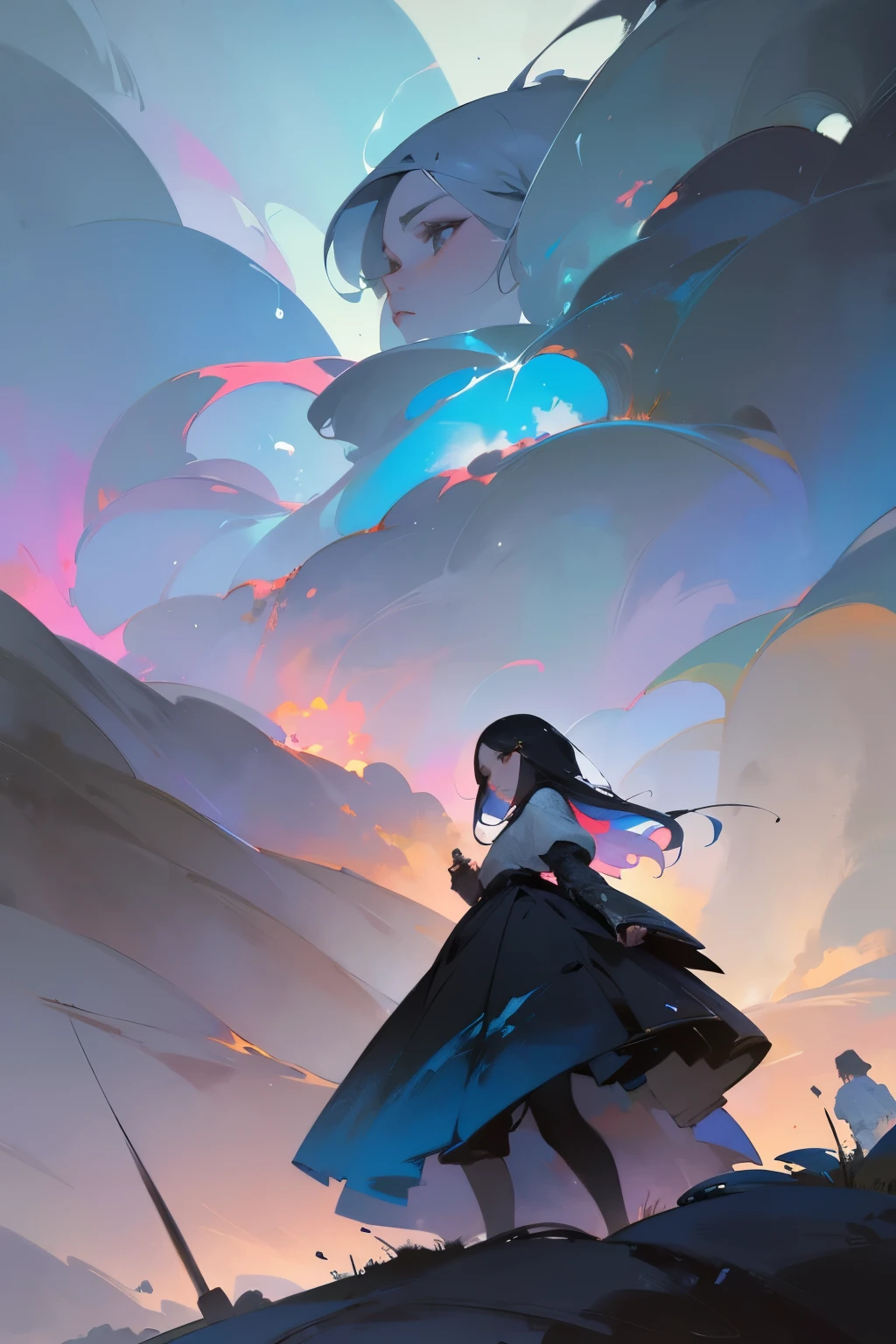 (masterpiece), cartoon, best quality,(photo_(medium):1.0), by Antonio J. Manzanedo, by Jeremy Lipking, lightning, in a surreal landscape, painting style with watercolor, Brushstrokes, black eyes,colorful,vibrant colors,1girl