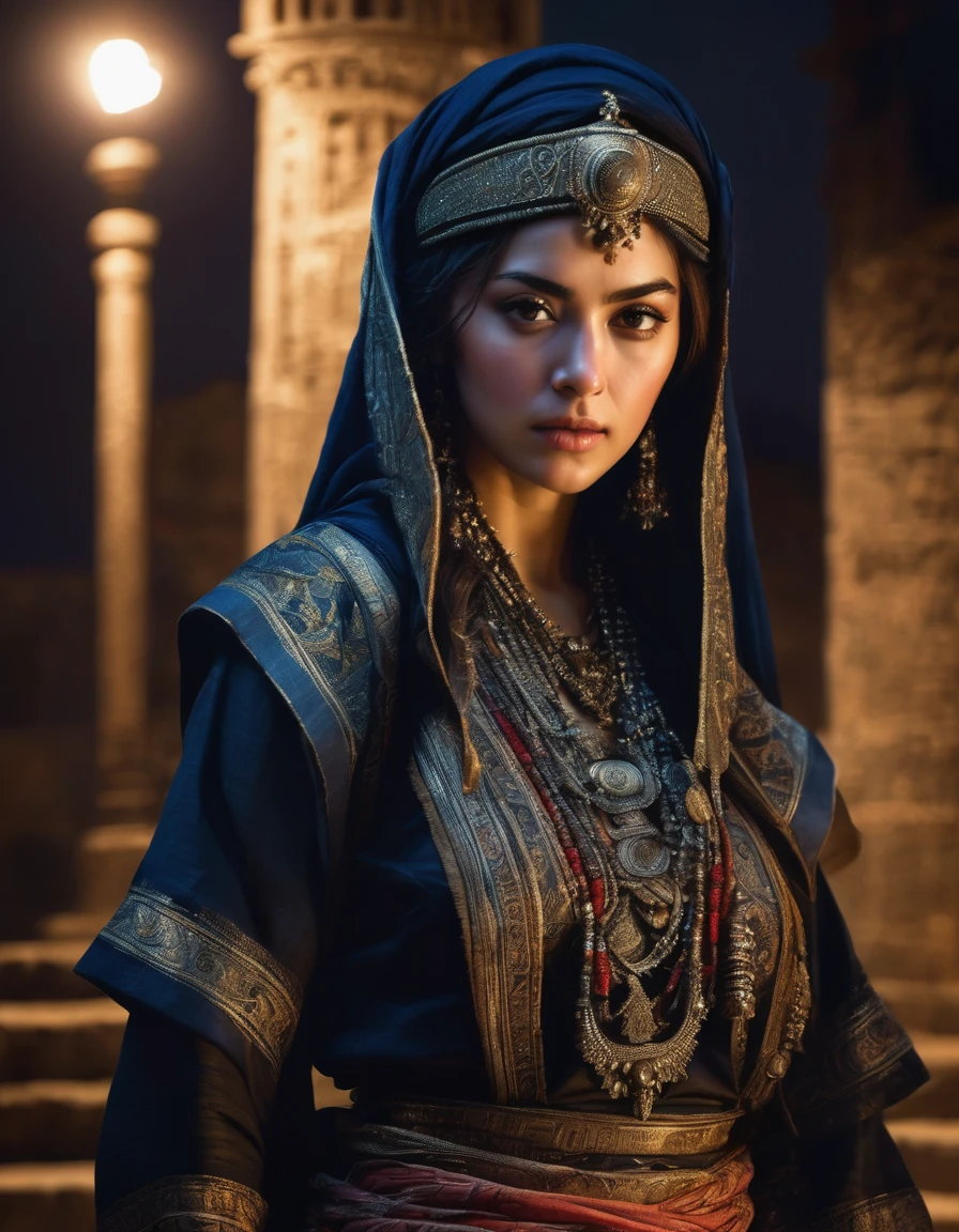 Professional photo, girl in intricate beautiful and rich clothes, stern look of a warrior, headscarf wrapped around head and neck, head tilted forward, intense and intense look, half plan, darkness, moonlight, Ancient Byzantium in the background. High detail, UHD, high resolution, background is clearly visible without blur.