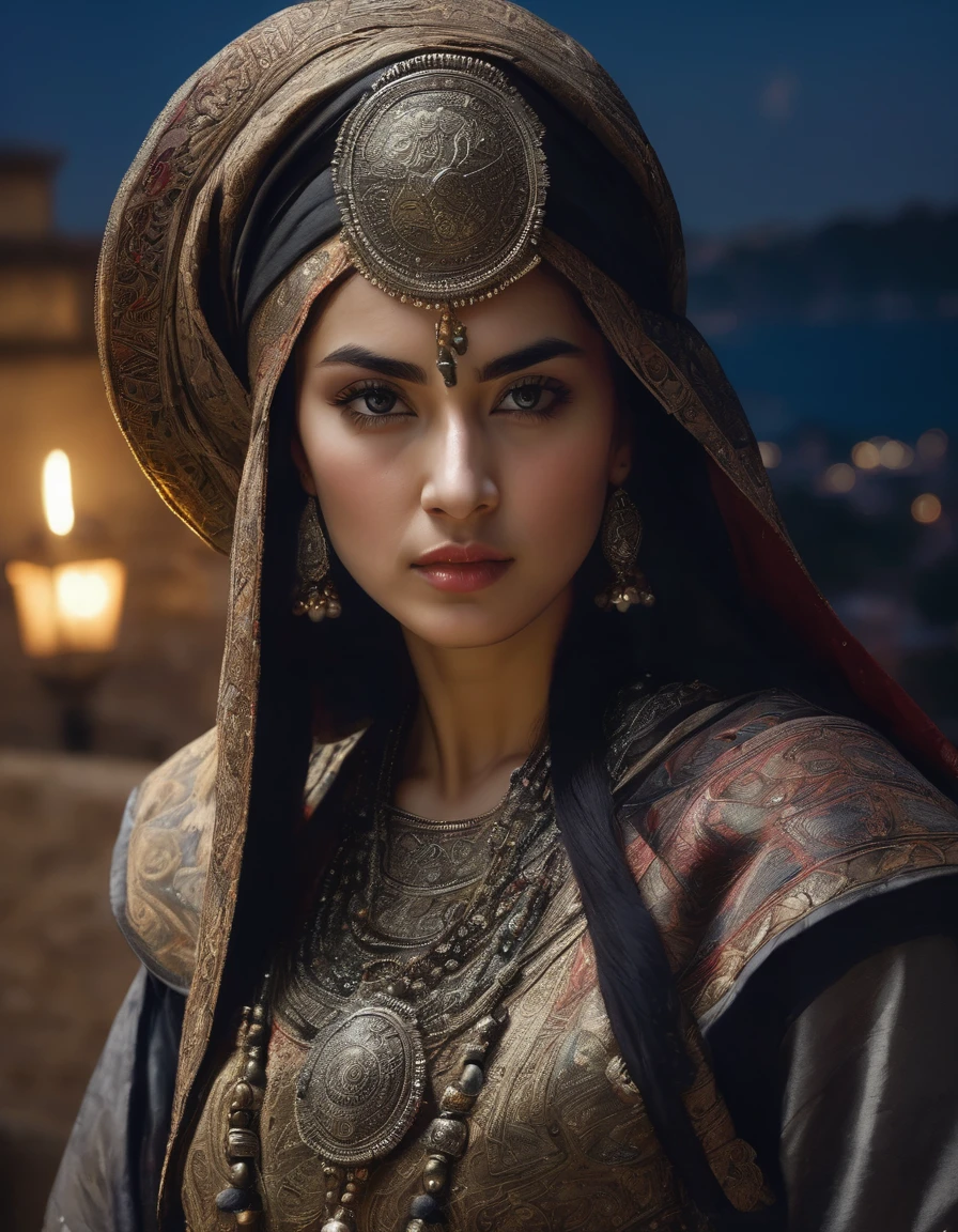 Professional photo, girl in intricate beautiful and rich clothes, stern look of a warrior, headscarf wrapped around head and neck, head tilted forward, intense and intense look, half plan, darkness, moonlight, Ancient Byzantium in the background. High detail, UHD, high resolution, background is clearly visible without blur.